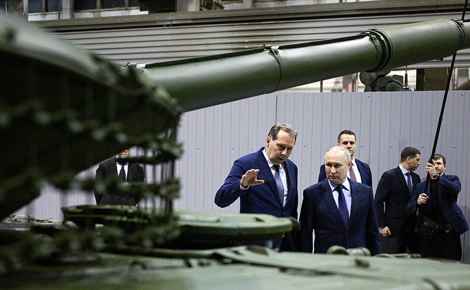 During a visit to the Uralvagonzavod Research and Production Corporation. The tour was led by Uralvagonzavod Director General Alexander Potapov.