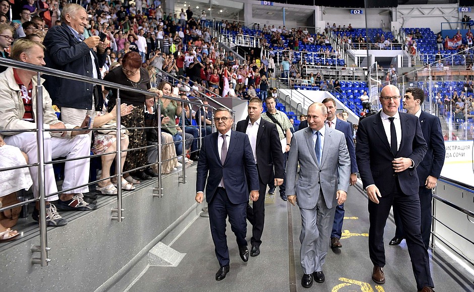 Before the opening of the 2019 Sirius Junior Club World Cup. With President of the International Ice Hockey Federation and member of the Executive Board of the International Olympic Committee René Fasel (left) and President of the Kontinental Hockey League Dmitry Chernyshenko (right).