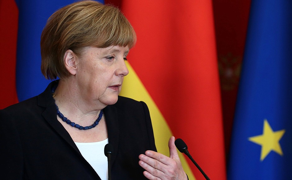 Федеральный канцлер Германии Ангела Меркель во время пресс-конференции по итогам российско-германских переговоров.