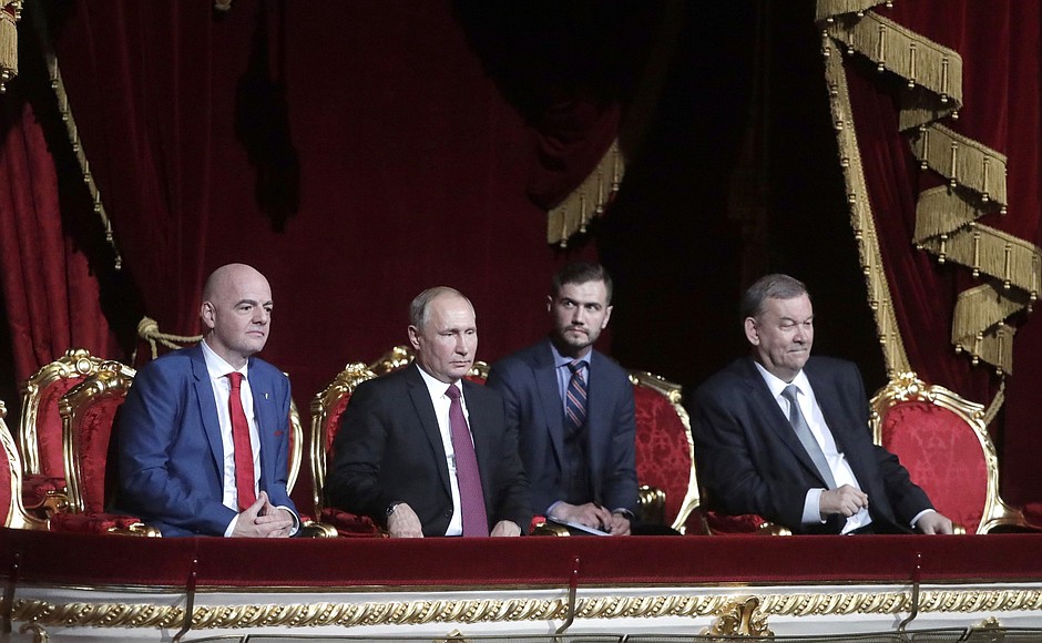 Vladimir Putin visited the Bolshoi Theatre to attend a gala concert starring world opera stars ahead of the 2018 FIFA World Cup final. With FIFA President Gianni Infantino (left) and General Director of the Bolshoi Theatre Vladimir Urin.