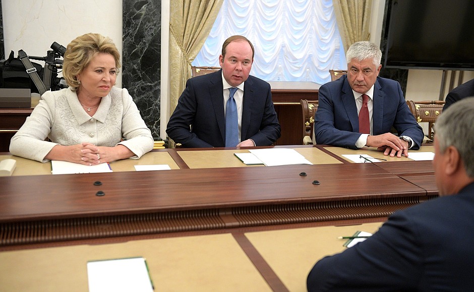 Before the meeting with permanent members of Security Council. Federation Council Speaker Valentina Matviyenko, Chief of Staff of the Presidential Executive Office Anton Vaino, Interior Minister Vladimir Kolokoltsev.
