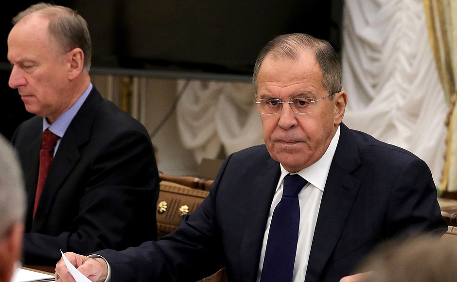 Before the meeting of the Commission for Military Technical Cooperation with Foreign States. Security Council Secretary Nikolai Patrushev (left) and Foreign Minister Sergei Lavrov.