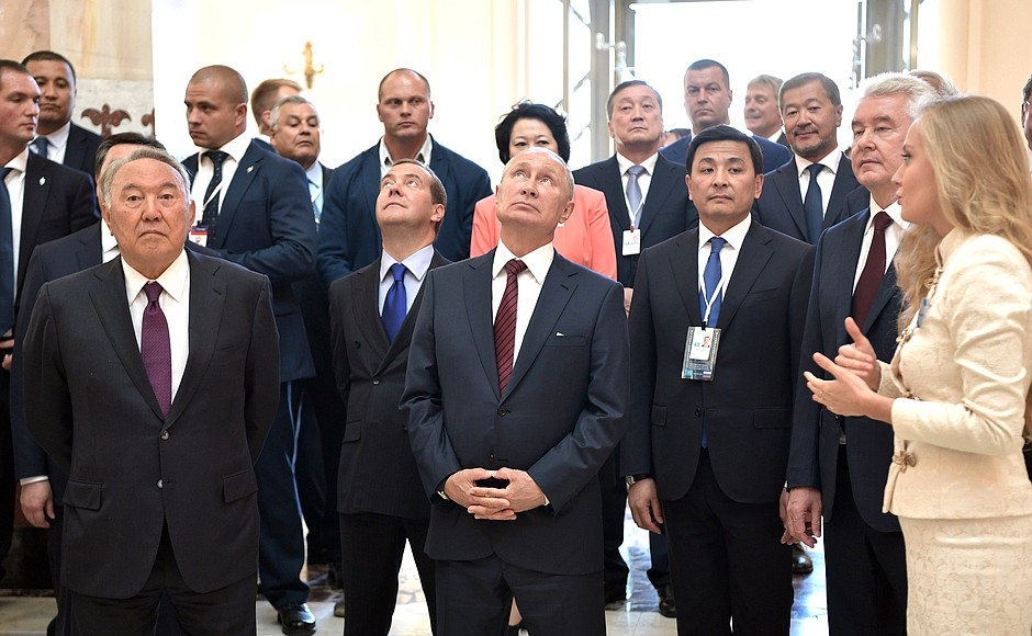Visit to renovated Kazakhstan pavilion at VDNKh exhibition centre. With first President of the Republic of Kazakhstan Nursultan Nazarbayev, Prime Minister Dmitry Medvedev and Moscow Mayor Sergei Sobyanin.