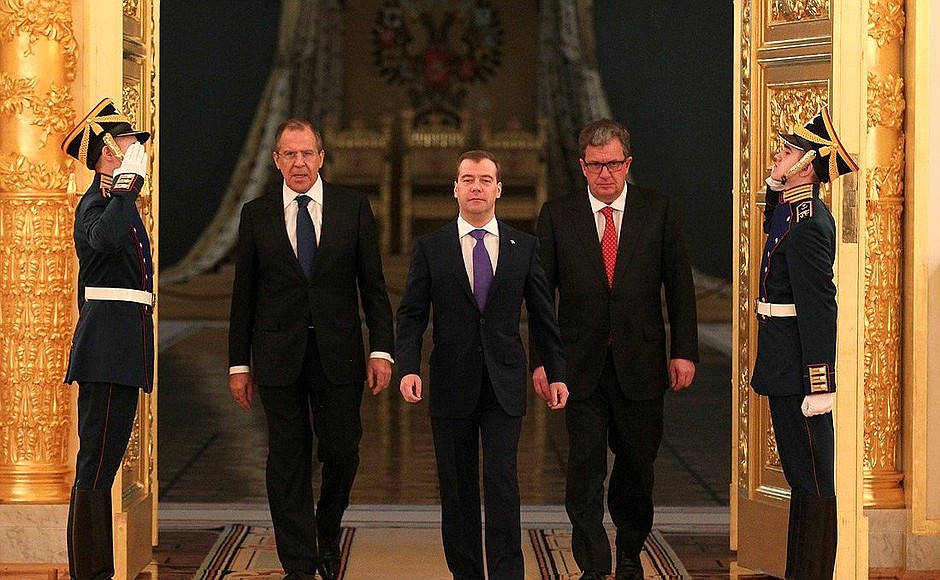 Before the presentation by foreign ambassadors of their letters of credence. With Presidential Aide Sergei Prikhodko (right) and Foreign Minister Sergei Lavrov