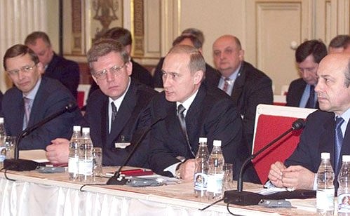 President Vladimir Putin meeting with Foreign Minister Igor Ivanov, Deputy Prime Minister and Finance Minister Alexei Kudrin, and Defence Minister Sergei Ivanov, right to left, during Russian-German inter-governmental consultations.