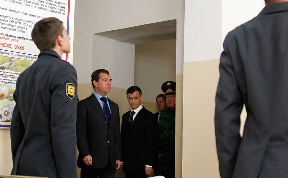 Visiting a military base of Interior Ministry troops. With Interior Minister Rashid Nurgaliyev.