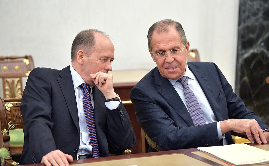 Director of the Federal Security Service Alexander Bortnikov and Foreign Minister Sergei Lavrov at a meeting with permanent members of Security Council.