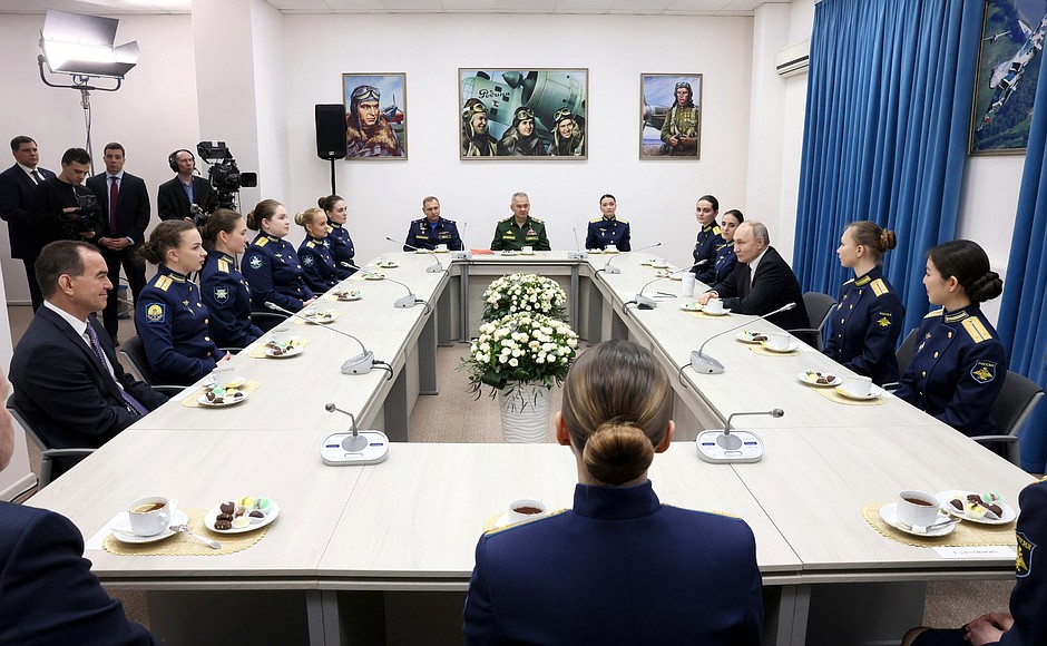 Meeting with graduates of the Krasnodar Higher Military Aviation School.