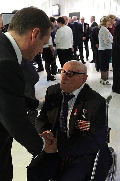 Director of the Foreign Intelligence Service (SVR) Sergei Naryshkin with Soviet intelligence officer, Hero of Russia Alexei Botyan at the gala event marking the 95th anniversary of Russian illegal intelligence at SVR headquarters.