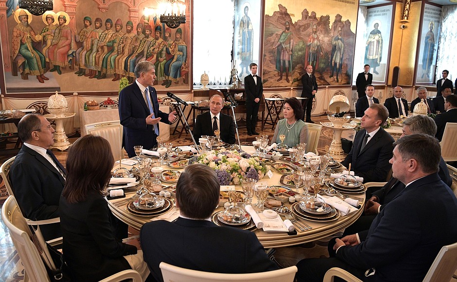 At a state dinner hosted on behalf of President of Russia Vladimir Putin in honour of President of Kyrgyzstan Almazbek Atambayev and his spouse Raisa Atambayeva.
