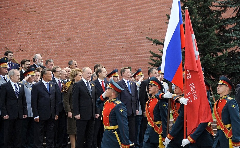 A ceremonial march by the Moscow garrison troops after the wreath-laying ceremony at the Tomb of the Unknown Soldier.