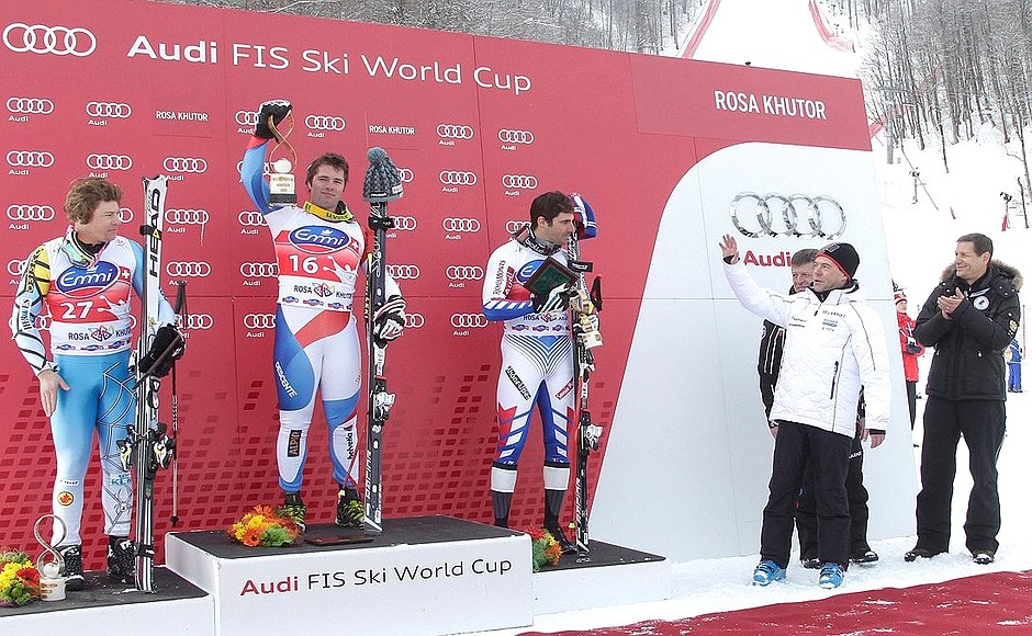 Ceremony presenting prizes to winner and awardees of the 2012 World Cup downhill race.