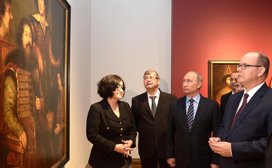 With Prince Albert II of Monaco (right) while visiting the exhibition The Romanovs and the Grimaldis. Three Centuries of History at the Tretyakov Gallery.