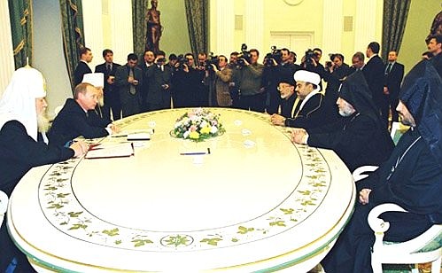 President Putin meeting with Patriarch of Moscow and All Russia Alexy II, Supreme Patriarch and Catholicos of All Armenians Garegin II and Mufti Pasha Zade.