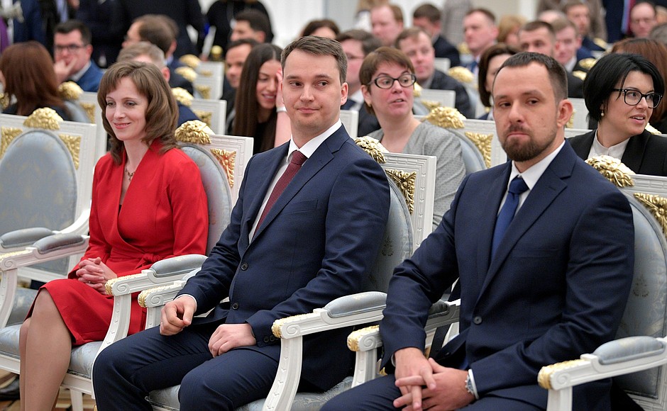 PhD in Biology Marina Shirmanova, DSc in Physics and Mathematics Sergei Makarov and DSc in Psychology Alexander Veraksa before an award ceremony for winners of 2019 Presidential Prize for Young Scientists.