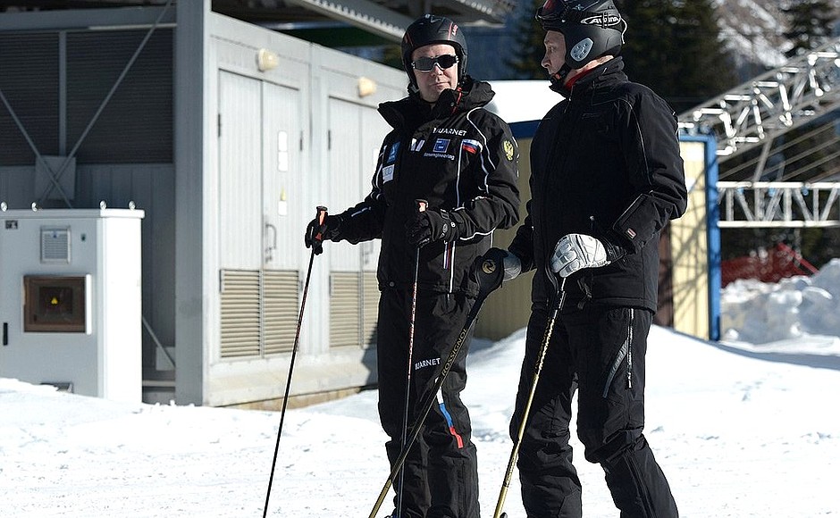 With Prime Minister Dmitry Medvedev at Laura Ski and Biathlon Centre.