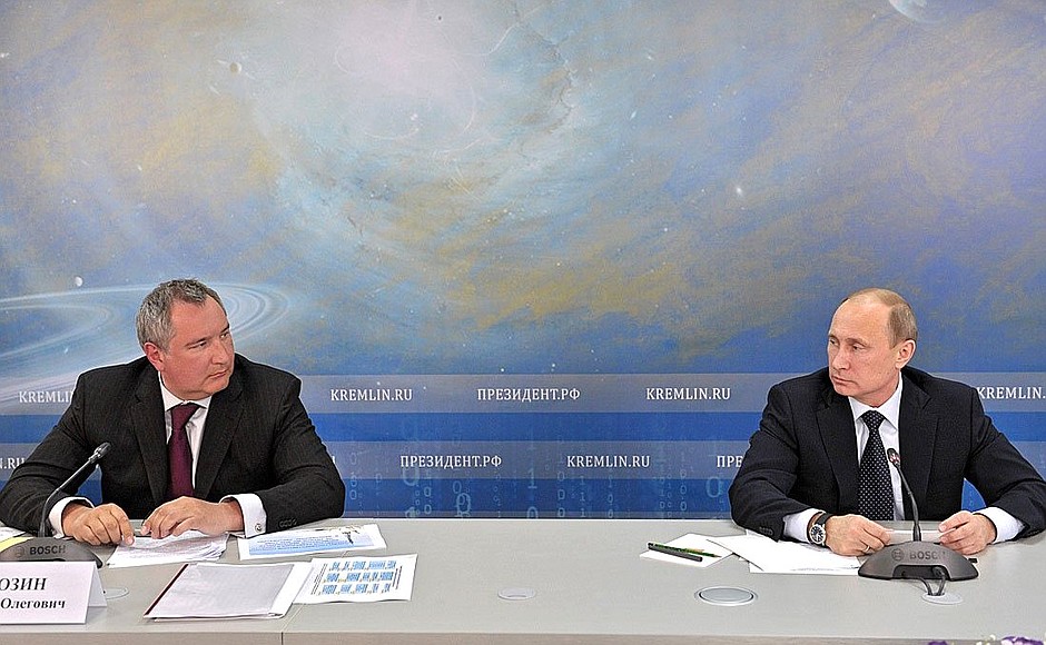 At a meeting on developing the space sector. With Deputy Prime Minister Dmitry Rogozin (left).