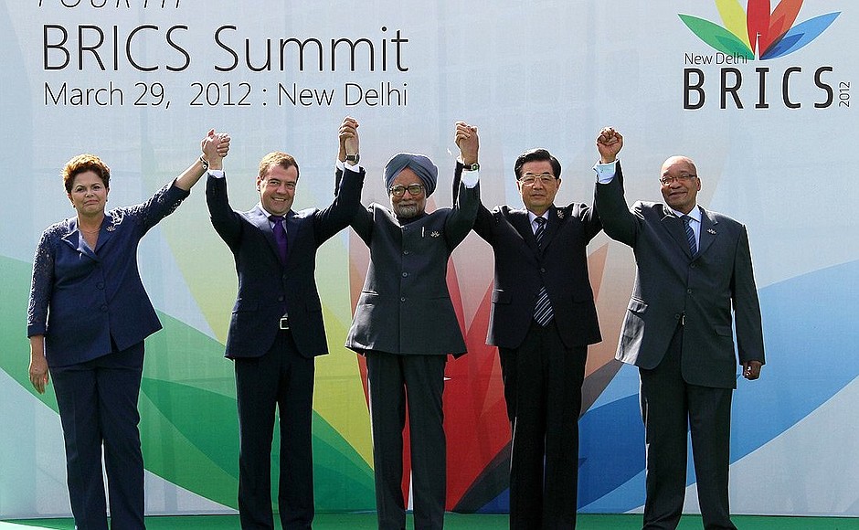 BRICS Summit participants: President of Brazil Dilma Rousseff, Dmitry Medvedev, Prime Minister of India Manmohan Singh, President of China Hu Jintao and President of South Africa Jacob Zuma.
