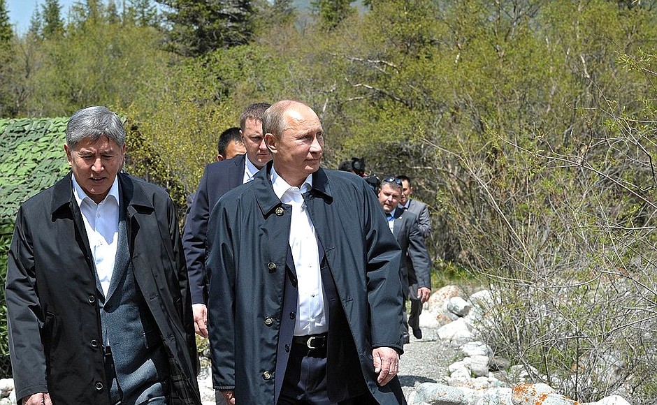 With President of Kyrgyzstan Almazbek Atambayev during a walk along the Ala-Archa gorge.