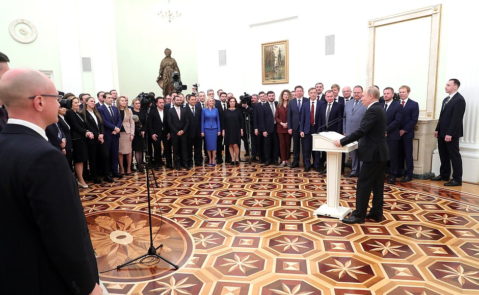 Vladimir Putin met in the Kremlin with the second group of graduates of the Management Personnel Pool programme organised by the Graduate School of Public Administration at the Russian Presidential Academy of National Economy and Public Administration.