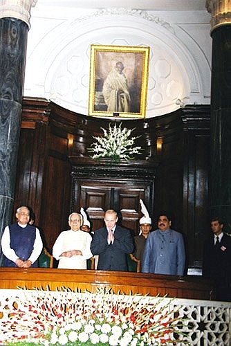 Before addressing a joint session of both houses of the Indian Parliament.