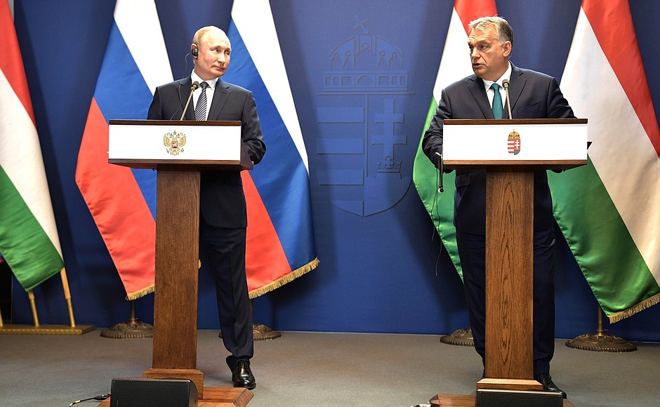 At the news conference following Russian-Hungarian talks. With Prime Minister of Hungary Viktor Orban.
