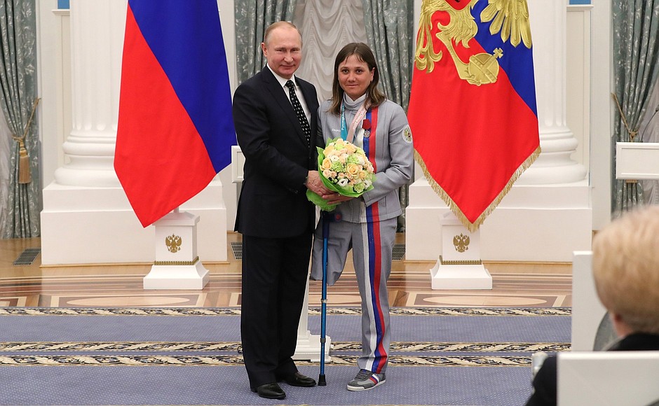 At the award ceremony with champions and medallists of the PyeongChang 2018 Paralympic Winter Games. Biathlon bronze medallist Irina Gulyayeva was awarded the Order for Services to the Fatherland, II degree.