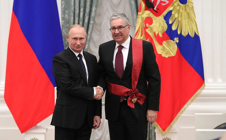 Ceremony for presenting state decorations. The Order for Services to the Fatherland I degree was awarded to Oleg Dobrodeyev, Director General of the National State Television and Radio Broadcasting Company (VGTRK).