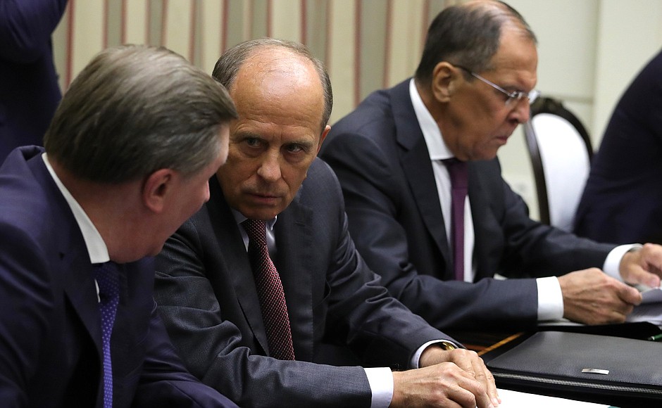 From left to right: Special Presidential Representative for Environmental Protection, Ecology and Transport Sergei Ivanov, Director of the Federal Security Service Alexander Bortnikov and Foreign Minister Sergei Lavrov prior to a meeting with permanent members of the Security Council.