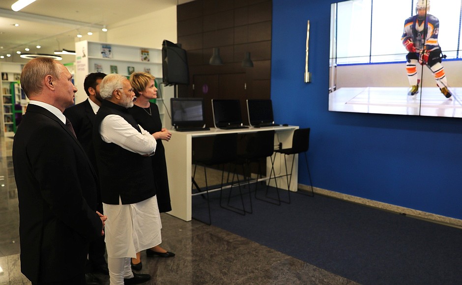 Visit to the Sirius Educational Centre for gifted children. With Prime Minister of India Narendra Modi and Sirius Centre Director Yelena Shmeleva.