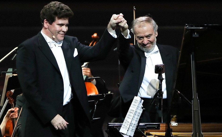 Pianist Denis Matsuev, left, and Mariinsky Theatre artistic director and conductor Valery Gergiev, at the gala opening of the 7th St Petersburg International Cultural Forum.
