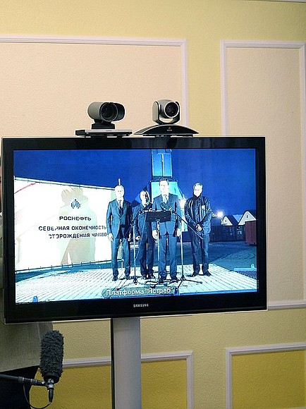 During videoconference with Berkut platform to witness the commissioning of the first phase of the Northern Chaivo oil field on Sakhalin.
