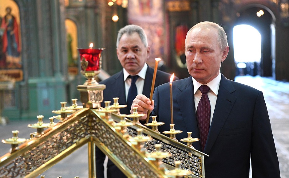 During the visit to the Russian Orthodox Cathedral in honour of the Resurrection of Christ, the Main Cathedral of the Russian Armed Forces. With Defence Minister Sergei Shoigu.