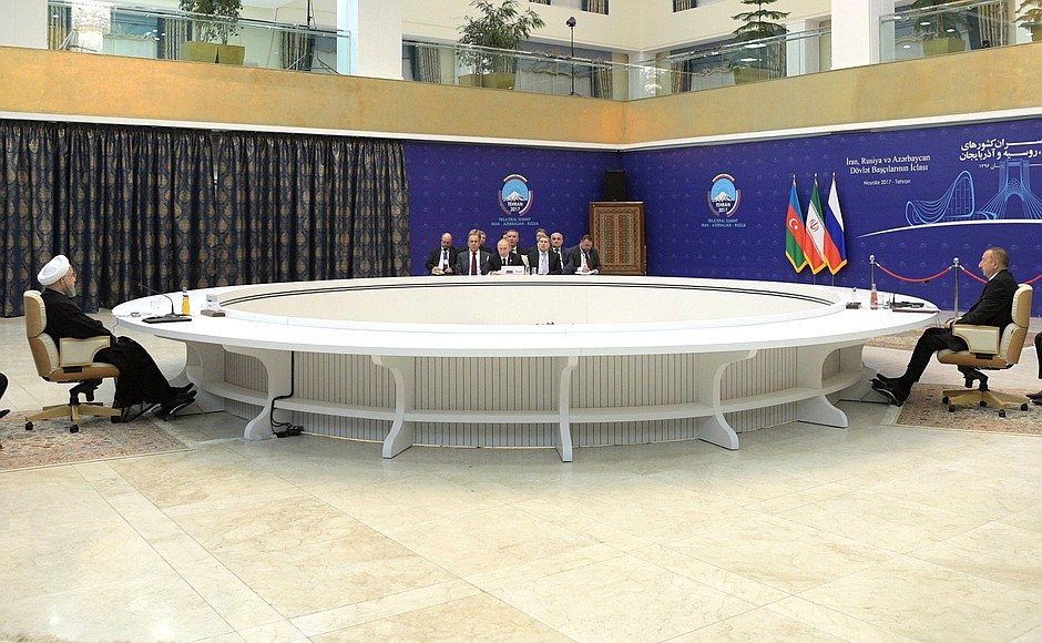 Trilateral meeting of Vladimir Putin, President of Iran Hassan Rouhani and President of Azerbaijan Ilham Aliyev.