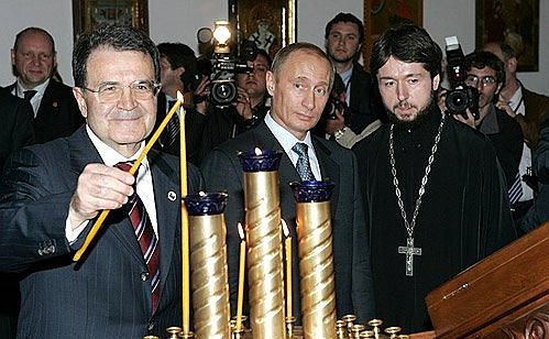 In the Orthodox Church of St Nicholas the Miracle Worker. With the church\'s prior, Father Vladimir (Kuchumov) and Italian Prime Minister Romano Prodi.