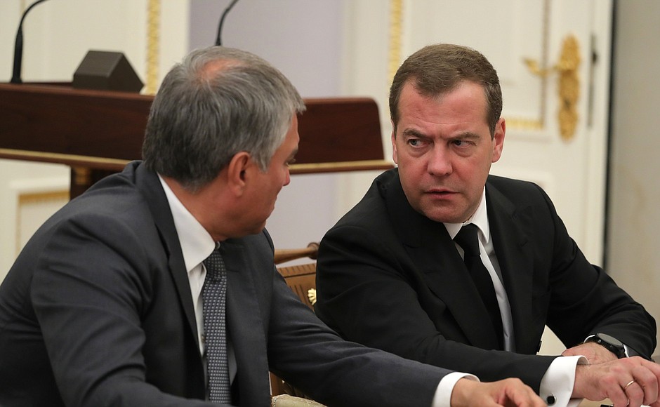 Prime Minister Dmitry Medvedev (right) and State Duma Speaker Vyacheslav Volodin before the meeting with permanent members of the Security Council.