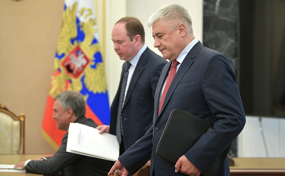 Interior Minister Vladimir Kolokoltsev (right) and Chief of Staff of the Presidential Executive Office Anton Vaino before a meeting with permanent members of the Security Council.