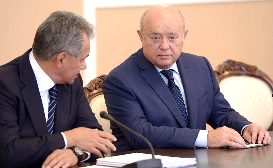 Before the working meeting with permanent members of the Security Council. Defence Minister Sergei Shoigu (left) and Director of the Foreign Intelligence Service Mikhail Fradkov.