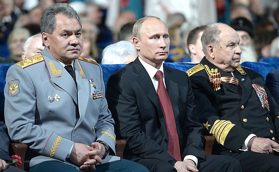 At the celebration concert honouring Victory Day. With Defence Minister Sergei Shoigu (left).