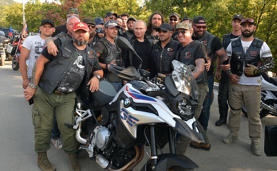 With members of the Night Wolves Motorclub at the Shadow of Babylon international bike show.