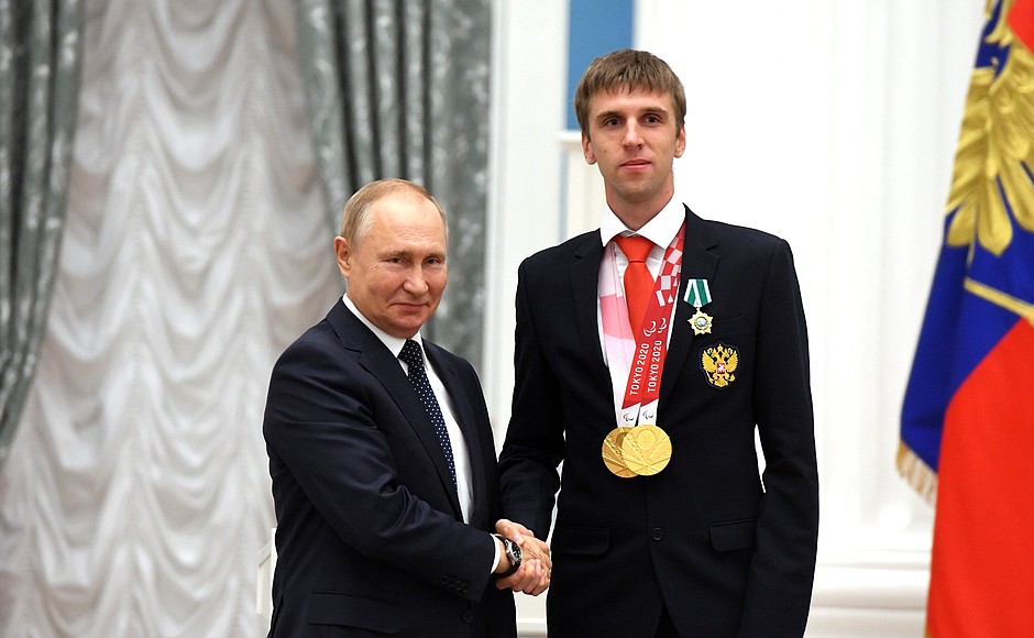 Presenting state decorations to winners of the 2020 Summer Paralympic Games in Tokyo. Two-time Paralympic athletics champion Dmitry Safronov receives the Order of Friendship.