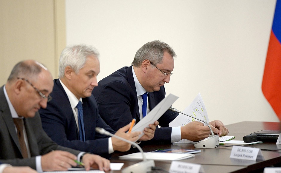 At a meeting on developing Vostochny Space Launch Centre. From left to right: Director of the Federal Agency for Special Construction (Spetsstroy) Alexander Volosov, Presidential Aide Andrei Belousov, Deputy Prime Minister Dmitry Rogozin.