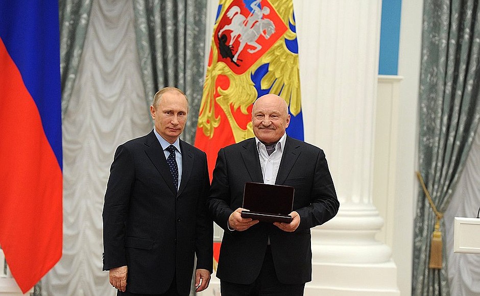 Presenting state decorations to prominent figures in culture and the arts. Honorary title of National Artist of Russia is conferred to Chekhov Moscow Art Theatre actor Nikolai Chindyaikin.