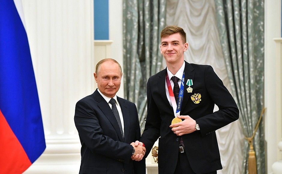 Ceremony for presenting state decorations to winners of the 2020 Summer Olympics in Tokyo. The Order of Friendship is awarded to 2020 Olympics champion in taekwondo (under 80 kg) Maxim Khramtsov.