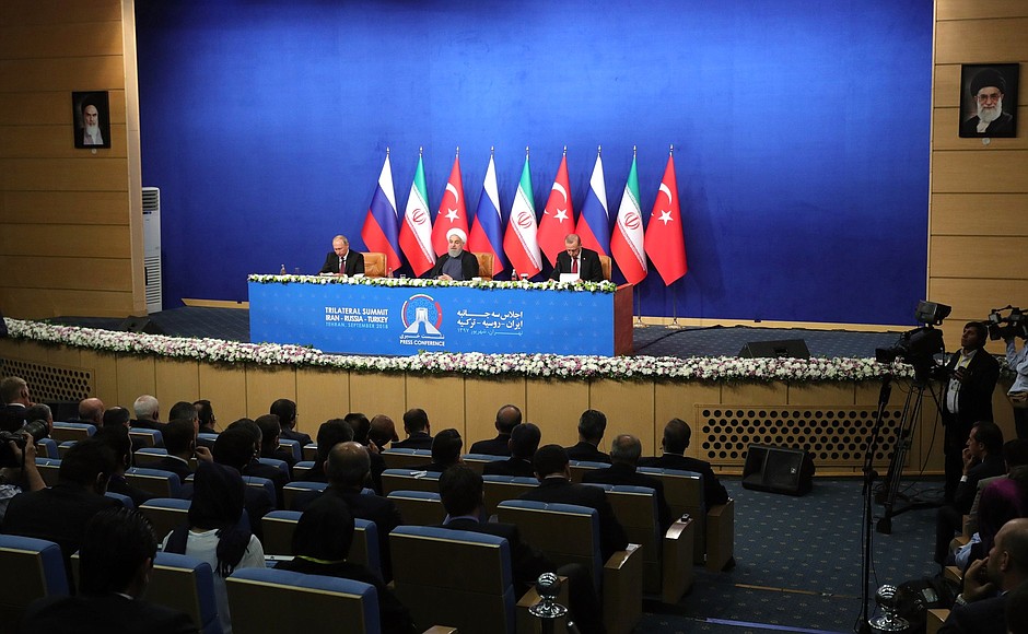 News conference following a meeting with President of Iran Hassan Rouhani and President of Turkey Recep Tayyip Erdoga.