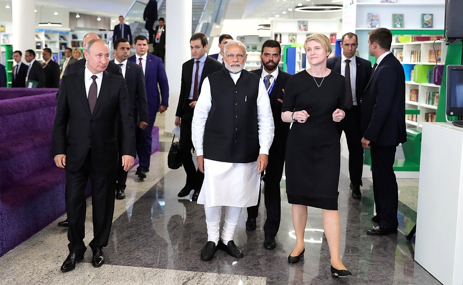 Visit to the Sirius Educational Centre for gifted children. With Prime Minister of India Narendra Modi and Sirius Centre Director Yelena Shmeleva.