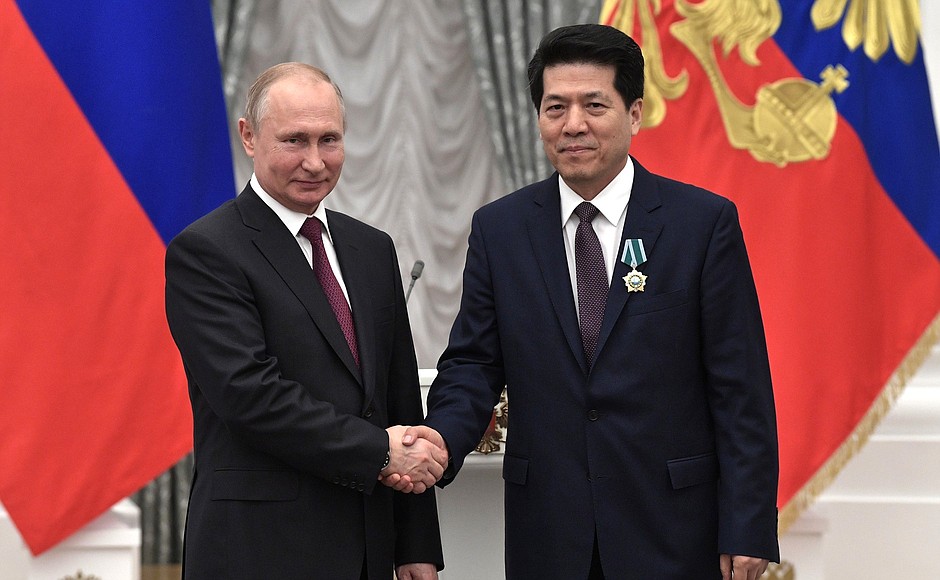 The Order of Friendship is presented to Ambassador Extraordinary and Plenipotentiary of the People’s Republic of China to the Russian Federation Li Hui.