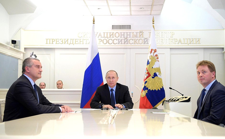Vladimir Putin launched gas supply to the Crimean Peninsula via the Krasnodar Territory-Crimea main gas pipeline, during a videoconference. Other participants in the videoconference included Head of Crimea Sergei Aksyonov (left) and Acting Governor of Sevastopol Dmitry Ovsyannikov.