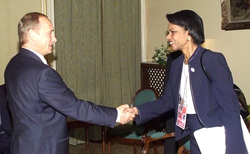 Russian-American talks in an enlarged format. President Putin with US President\'s National Security Advisor Condoleezza Rice.