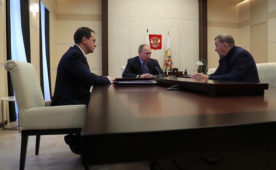 Meeting with Culture Minister Vladimir Medinsky, left, and General Director of the Bolshoi Theatre Vladimir Urin.